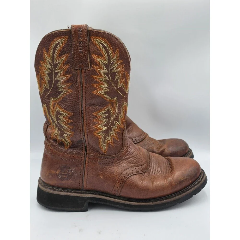 Justin Stampede Pull On Western Work Boot Round Toe Mens Size 10EE Brown Leather